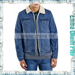 Cool Design Vintage Mens Fur Collar Short Fleece Lining Blue Denim Jackets thumbnail-1