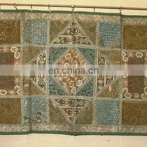 Wholesale Old Sari Patchwork Tapestry Wall Hangings Handmade Silk Beads Work Runner thumbnail-1