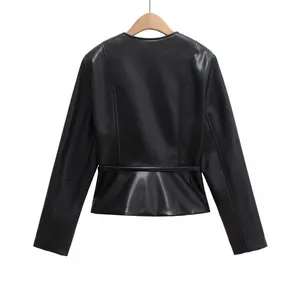 European and American Personalized Women's Clothing Spring New Style Short Skirt Hem Imitation Leather Jacket Jacket Versatile thumbnail-1