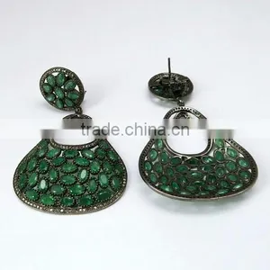 Beautiful Dangler !! Emerald & Diamond 925 Sterling Silver Earring, Dangler SIlver Earring, Exporter and Wholeseller thumbnail-5
