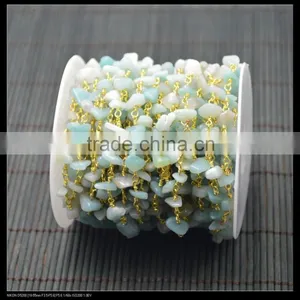 LFD-009C ~ Wholesale Gold Plated Amazonite Stone Chips Beaded Wire Wrapped Rosary Chains Natural Chip Stone Rosary Chains thumbnail-2