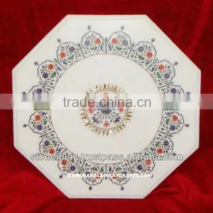 White Marble Stone Inlaid Antique Coffee Table Top Pietra Dura thumbnail-1