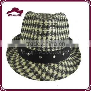 PU Band & Rivets Men's Small Check Pattern Fedora thumbnail-1