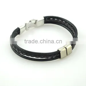 Factory Men Bangle Metal Black Leather Rope Bracelet thumbnail-5