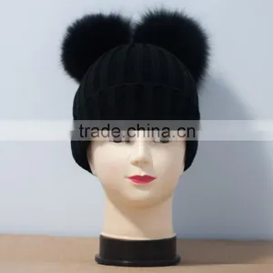 Girls Knitted Wool Hat Raccoon Fur Pompoms New Fashion thumbnail-1