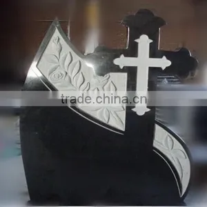 Flower Engraving Black Granite Monument With Cross thumbnail-1
