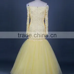 RSE682 Off The Shoulder Yellow Sexy See-Through Patterns Of Lace Long Sleeve Mermaid Evening Dress thumbnail-3
