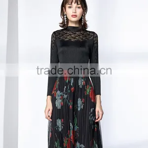 Pleat Large Sized Spring Lace Splicing Printed Dress for Women thumbnail-2