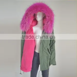 Myfur Long Parka With Rose Hot Pink Raccoon Fur Hood For Ladies thumbnail-1