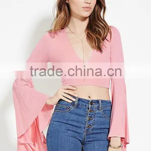 Women's Fashion Deep V Neck Sexy Trumpet Sleeve t Shirt Wholesale thumbnail-3