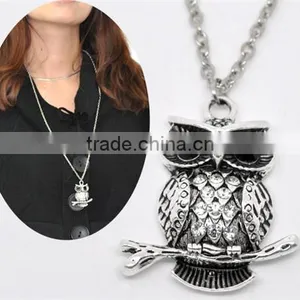 Vintage Antique Silver Rhinestone Owl Halloween Ornaments Pendant Necklaces (70cm) thumbnail-1