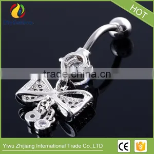 Stainless Steel Big CZ Bowknot Long Navel Ring thumbnail-3