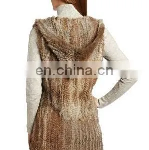 Women's Long Rabbit Fur Knnited Vest With Hood thumbnail-2