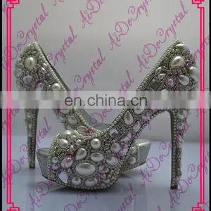 Aidocrystal Luxury Custom Big Diamond Fish Mouth Wedding Party Sandal Shoes Fashion White Pearl High Heels thumbnail-1