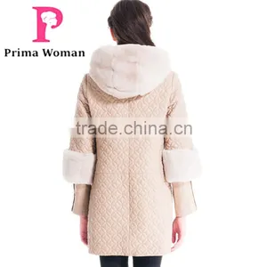 Winter Women Medium Length Embroidered Leather Coat With Detachable Beaver Rabbit Skin Hat Overcoat thumbnail-4