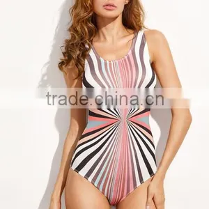 SheIn Women Trendy Fashion Clothing Multicolor Stripe Print Sleeveless Bodysuits thumbnail-1