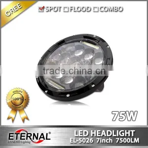 7 Inch 75W Led Headlight for Jeep Wrangler Rubicon off Road With Dual Beam H4 Plug Halo Angel Eyes Ring thumbnail-2
