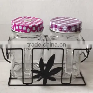 2 Pcs Glass Mason Mug Cup Set With Handle and Iron Stand thumbnail-1