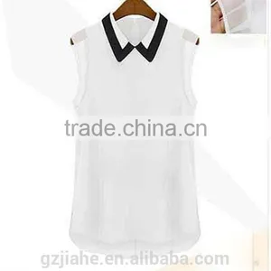 Fashion Cheap 2015 Women Clothing Shirts Spring Summer Chiffon Blouse Turn Down Collar Sleeveless Shirt Black White Plus Size thumbnail-3