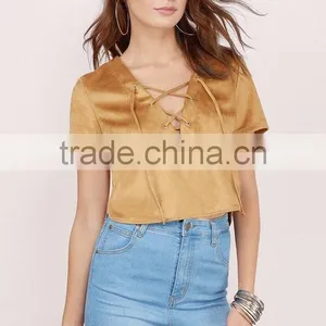 Born Free Tan Faux Suede Lace Up Short Sleeve Crop Top thumbnail-1
