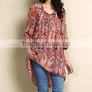 Newest Women Outwear With Red Paisley Chiffon Hi-Low Tunic Women Tops Women Clothing GD90426-57 thumbnail-1
