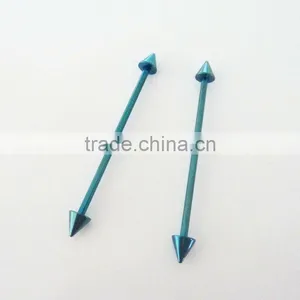 Wholesale New Hot Charm 14G 316L Surgical Stainless Steel Plate Anodized Blue Piercing Industrial Spike Barbell Tongue Ring thumbnail-1