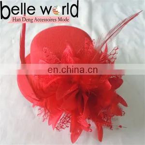 Red Mini Top Hat Feather Flower Fascinator for Women thumbnail-1
