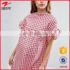 China Custom Wholesale Maternity Red Gingham Smock Dress thumbnail-3