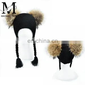 High Quality Fashionable Kids Beanie Hats With Two Fur Pom Poms Baby Fur Hat thumbnail-2
