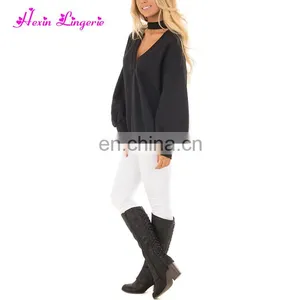 Drop Shipping Halter Hollow v Neck Loose Fashion Women Winter Blouse Tops thumbnail-4