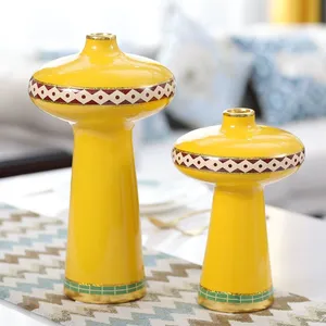 New Chinese Light Luxury Yellow Ceramic Artificial Flower Vase For Coffee Shop Decor thumbnail-1