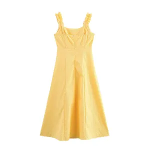 New Women's Solid Color Pullover Square Neck Sleeveless Textured Camisole Mid Length Dress thumbnail-3