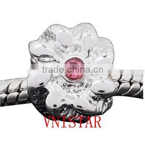 Vnistar Fashion Flower Shaped European Beads With Dark Pink and Crystal Stones PBD454, Size in 10*10mm thumbnail-1