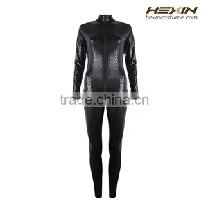Sexy Black PU Leather Snakeskin Tight Zipper Long Sleeve Jumpsuit Quality Choice thumbnail-2