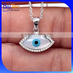 Turkish Rhodium Plated 925 Sterling Sliver Mother of Pearl Greek Evil Eye Necklace With CZ Stone thumbnail-1