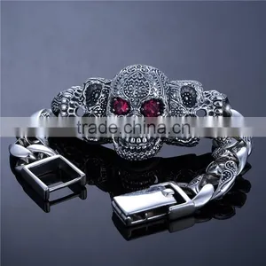 21CM Cool Skull Red CZ Stone Silver Bracelet For Men thumbnail-6