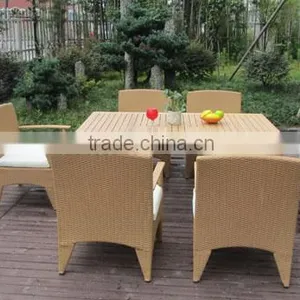 Wood Dining Table 6 Chairs Set Poly Rattan Material thumbnail-2