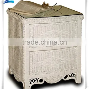 Beautiful White Wicker Glass Nightstand Table, thumbnail-1