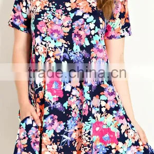 India Boutique Wholesale Dress 95% POLYESTER 5% SPANDEX FLORAL PRINT TRAPEZE TEE DRESS Beach Wear Tunic thumbnail-2
