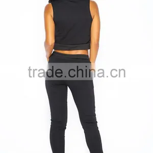 Sexy Girls In Tracksuit Black Sleeveless Crop Top Sweat Pants Sets 100% Cotton Summer Club Sports Tracksuit For Football Team thumbnail-3