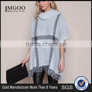 MGOO New Fashion Plaid Pullover Tops Grey Knit Mohair Fringe Poncho Women Winter Popular Clothes thumbnail-1