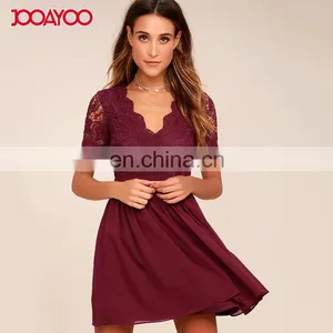 2017 Fashion Women Clothing Midi Dresses Burgundy Sexy Ladies Skater Lac Dress thumbnail-2