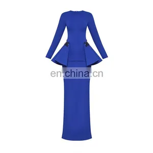 High Quality Islamic Clothing Custom Women Plain Blue Baju Kurung Dress thumbnail-4