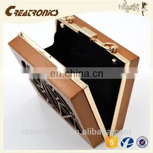 CR Factory OEM Acceptable Engraving Patterns Hollowed-out Design Metal Frame Long Chain Rectangled Shaped Wooden Box Clutch Bag thumbnail-6