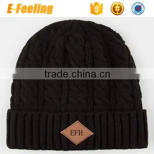 Knitted Beanie Hat/Leather Patch Beanie Hat thumbnail-1