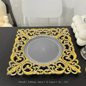 Luxury 12 Inch Gold Rim Square Plastic Charger Plate Candy Chocolate Fruit Plate for Wedding Party Event thumbnail-3
