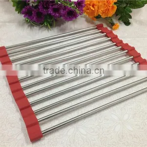 High Quality Custom Roll up Silicone Handy Stainless Steel Dish Rack thumbnail-1