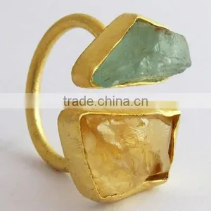 Rough Stone Aquamarine & Ctrine !! 925 Sterling Silver Gold Plated Ring, Silver Jewelry, 925 Silver Jewelry thumbnail-1
