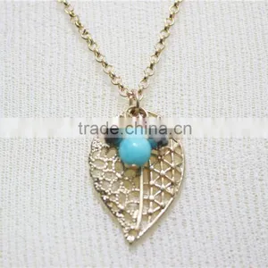 Gold Leaf w/ Pink Turquoise Pendant Necklace Goldtone Triple Necklace Satellite Chain Necklace 2016 Fashion Style Wholesale thumbnail-3