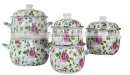 Beautiful Pink Flower Green Leaf Decal Enamel Cooking Pot Set 5 Pcs Enamel Cesserole Set thumbnail-1